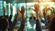 © Joyce - Hands of crowd in air in a vote event in a office room during an executive board meeting.