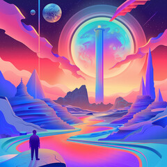 Wall Mural - vector artwork that explores digital surrealism. Combine surreal landscapes and futuristic elements in a digital art style, creating a visually stunning piece that challenges reality and stimulates th