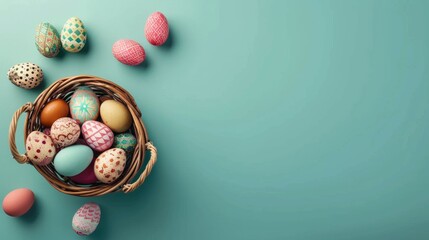 Wall Mural - top view of beautiful easter eggs on table