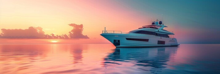 Luxury yacht in sea water at sunset with colorful sky.