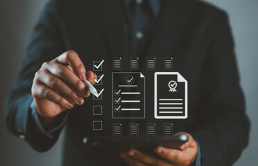 Poster - Document management system DMS. Assessment form, questionnaire, checklist and clipboard task management. Businessman working on laptop computer productivity checklist and filling survey form online.