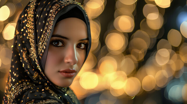 An elegant Middle Eastern woman dressed in a luxurious hijab encrusted with gems