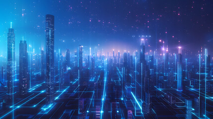 Poster - Futuristic city with glowing blue lines, representing technology.