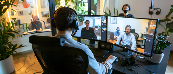 Poster - A man is having a video conference on a large monitor, while wearing headphones.