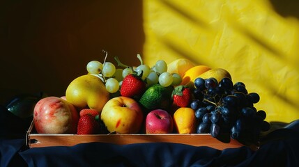 Sticker - Assorted fruits in a box against a dark yellow backdrop