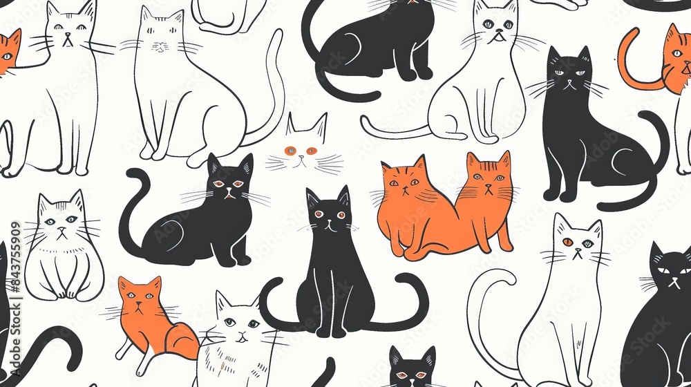 Seamless line pattern of cats in various playful poses, ideal for ...