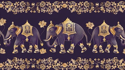 Wall Mural - Elegant Thai Elephant and Floral Pattern in Purple and Gold