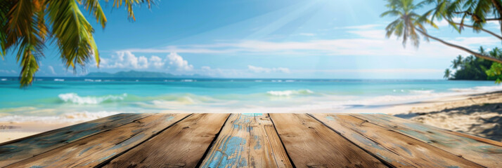 Wall Mural - Panorama view of wooden podium with copy space for product display presentation on palm beach and blue sky background. Tropical summer and vacation concept. Graphic art design.