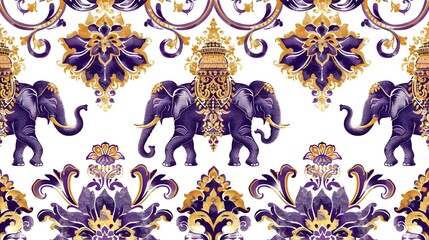 Wall Mural - Elegant Thai Pattern Background with Decorative Elephant and Floral Motifs in Purple and Gold