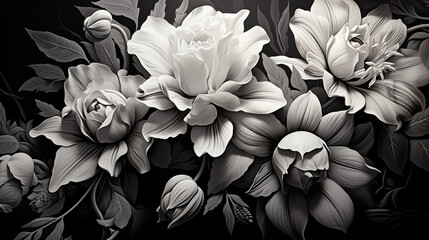 Monochrome Floral Arrangement Black Background