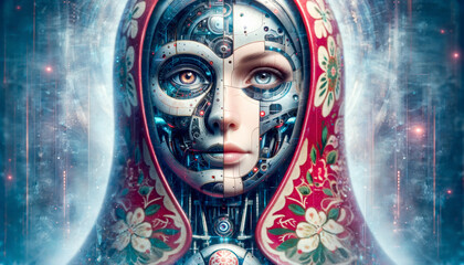 A striking fusion of a traditional Russian doll and a futuristic robot, with half the face revealing intricate mechanical parts and the other half displaying a human visage.