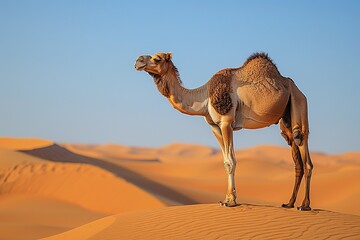 Wall Mural - Embark on a visual adventure as a caravan of camels traverses the expansive desert landscape, with vast stretches of sand and distant dunes creating a mesmerizing scene of ancient nomadic travel