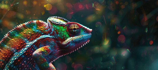 Wall Mural - A colorful chameleon with its head tilted to one side, looking at the camera.