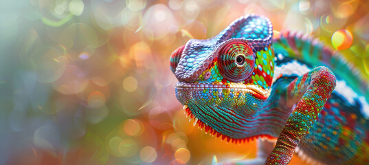 Wall Mural - A colorful chameleon with its head tilted to one side, looking at the camera.