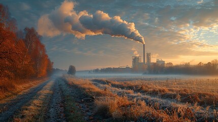 A panoramic view of a countryside, with a distant factory emitting pollutants into the air, illustrating the reach of industrial pollution in rural areas. Dramatic Photo Style,