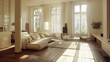 © Kerah - Photography of large windows letting in soft sunlight, cozy living room, AI generated image