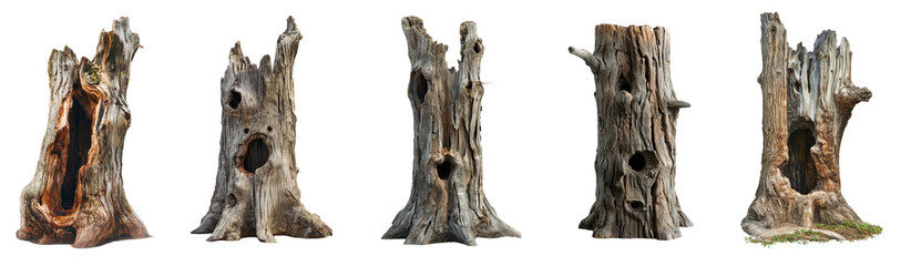 collection of old tree stump with an opening isolated on transparent or white background