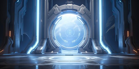 Wall Mural - a futuristic door with a strong sense of futurism with blue light neon view. space future technology