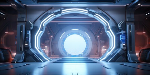 Wall Mural - a futuristic door with a strong sense of futurism with blue light neon view. space future technology