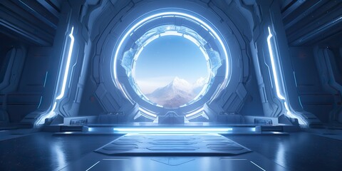 Wall Mural - a futuristic door with a strong sense of futurism with blue light neon view. space future technology