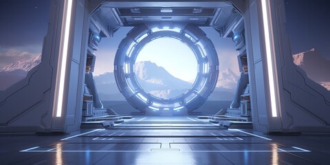 Wall Mural - a futuristic door with a strong sense of futurism with blue light neon view. space future technology