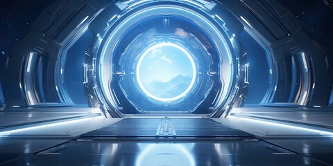 Wall Mural - a futuristic door with a strong sense of futurism with blue light neon view. space future technology