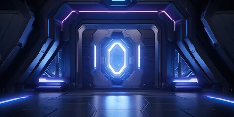 Wall Mural - a futuristic door with a strong sense of futurism with blue light neon view. space future technology