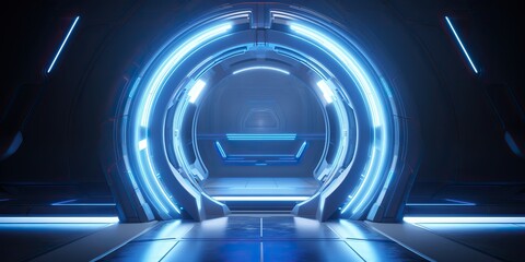 Wall Mural - a futuristic door with a strong sense of futurism with blue light neon view. space future technology