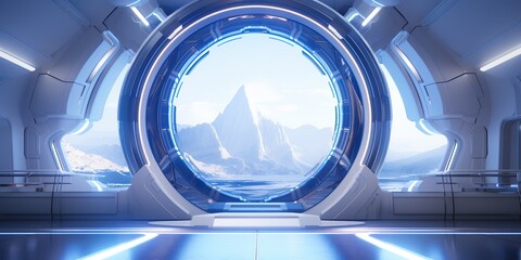 Wall Mural - A futuristic door with a strong sense of futurism with blue light neon view. Space future technology sci fi background scene
