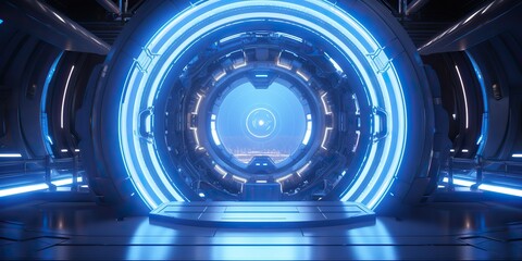 Wall Mural - a futuristic door with a strong sense of futurism with blue light neon view. space future technology