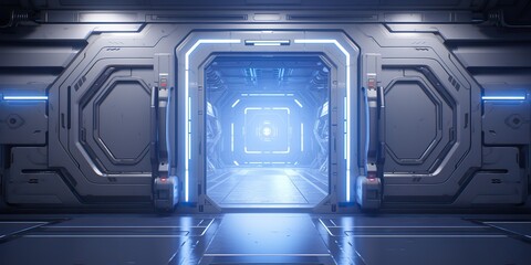 Wall Mural - a futuristic door with a strong sense of futurism with blue light neon view. space future technology