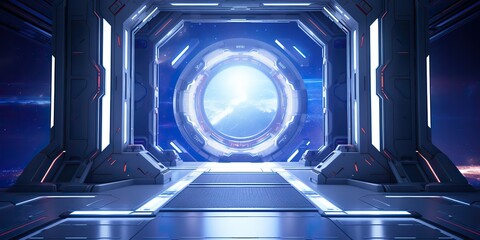 Wall Mural - a futuristic door with a strong sense of futurism with blue light neon view. space future technology