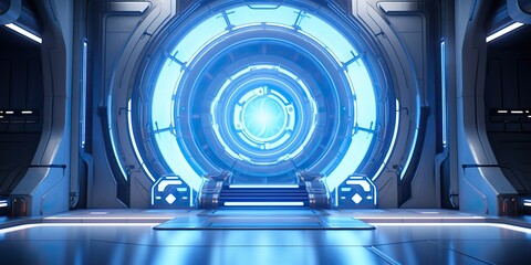 Wall Mural - a futuristic door with a strong sense of futurism with blue light neon view. space future technology