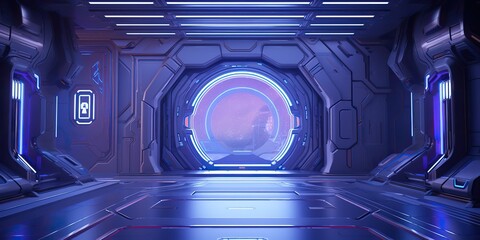 Wall Mural - a futuristic door with a strong sense of futurism with blue light neon view. space future technology