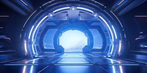 Wall Mural - a futuristic door with a strong sense of futurism with blue light neon view. space future technology
