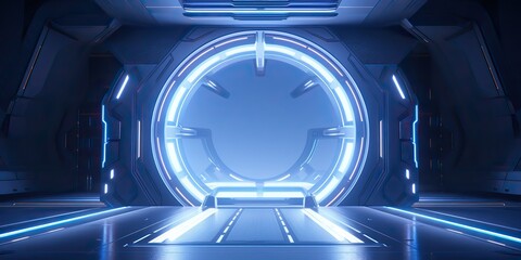 Wall Mural - a futuristic door with a strong sense of futurism with blue light neon view. space future technology
