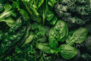 Healthy Green Vegetables for Dental Health: Fresh Spinach, Kale, and Broccoli Close-Up