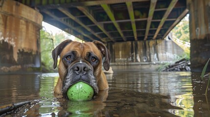 Poster - A boxer dog is peacefully resting by the river under a bridge holding a green ball in its mouth