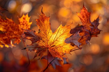 Poster - Autumn Leaves in the Warm Light of the Setting Sun