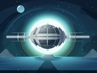 Poster - a spaceship is flying through space with a bright light in the middle. the spaceship is surrounded b