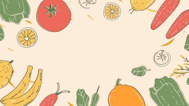 Playful drawings of fruits and veggies on a gentle pastel-colored background, providing ample room for text placement