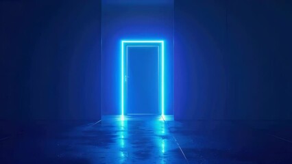Wall Mural - neon blue door is lit up in dark room