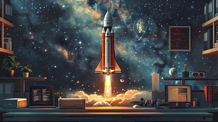 Wall Mural - A creative workspace with a large wall mural of a rocket taking off, surrounded by motivational quotes and startup paraphernalia. Clipart illustration style, clean, Minimal,