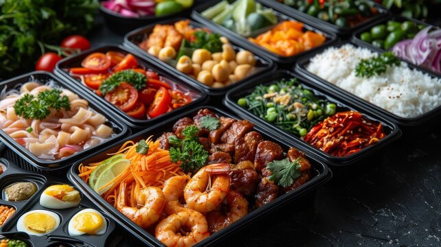 colorful meal prep boxes filled with fresh ingredients like seafood, meat, and vegetables on dark su