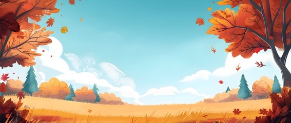 Wall Mural - Vibrant Autumn Landscape with Minimal Cartoon Foliage and Blank Space for Mockup or Banner Design