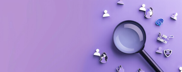 magnifying glass with search bar and people icons on purple background, job searching concept 