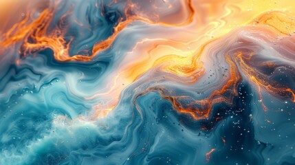 Vivid abstract close-up with orange and blue swirls creating a fluid like texture