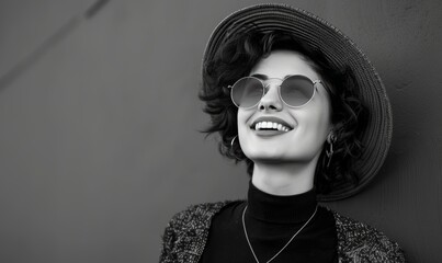 Wall Mural - Black and white portrait of a happy woman in sunglasses and a hat