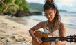 © Nadin Faust - Young woman playing the ukulele on an exotic beach