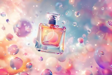 Wall Mural - Ethereal Perfume Bottle Floating in a Dreamy Abstract Background with Glowing Orbs